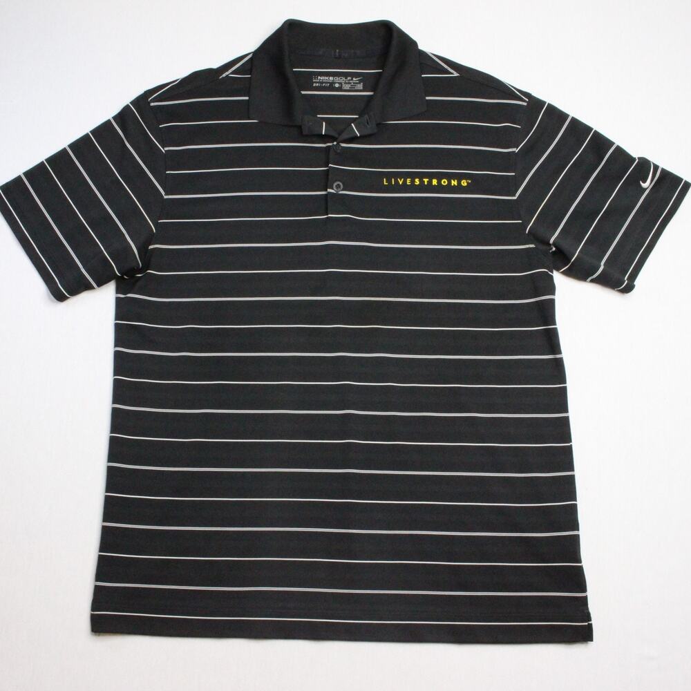 Nike Golf Dri-Fit Polo Shirt Livestrong Logo Black White Striped Men’s XL